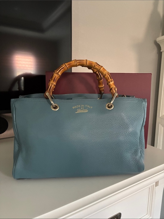 Gucci Handbags - Gucci Light Blue Pebbled Leather Satchel with Bamboo Handles